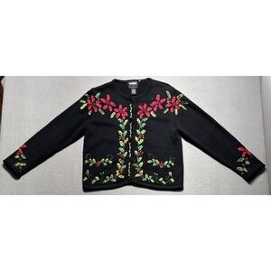 Studio‎ Christmas Sweater Cardigan Womens Sz SP Poinsettia Mistletoe Embellished